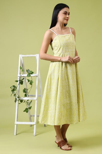 Lime Green Schiffli Embroidered Pure Cotton Flared Spaghetti Dress
